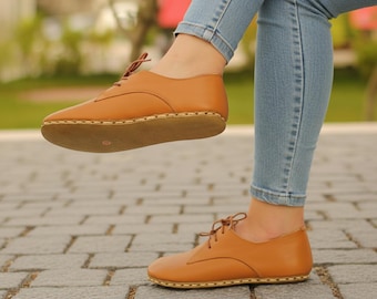 Handmade Orange Leather Oxfords: Women's Barefoot Earthing Shoes