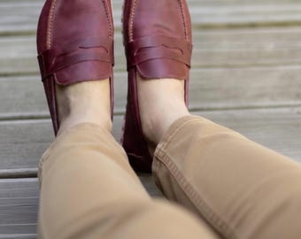 Handmade Burgundy Leather Barefoot Loafers: Women's Zero Drop Earthing Shoes