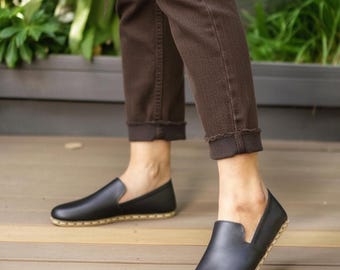 Handmade Black Leather Barefoot Loafers: Women's Zero Drop Grounding Minimalist Shoes