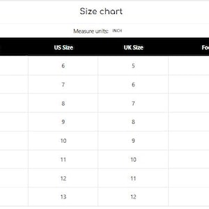 May include: A shoe size chart with EU, US, and UK sizes, along with corresponding foot lengths in inches. The chart includes sizes from EU 39 (US 6, UK 5, 9.4 inches) to EU 46 (US 13, UK 12, 12.2 inches).