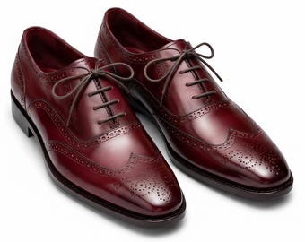 Men's Handmade Leather Burgundy Full-Brogue Wingtip Oxford | Goodyear Welt