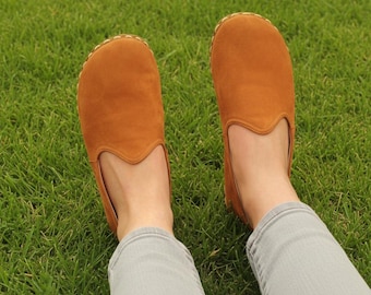 Handmade Orange Nubuck Leather Yemeni Shoes: Women's Barefoot Slip-Ons