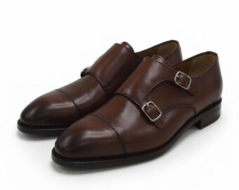 Men's Dark Brown Double Monk-Strap Cap-Toe | Smooth Calfskin | Silver Buckles | Dress Shoe