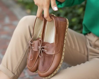 Handmade Brown Leather Barefoot Boat Shoes: Women's Grounding Loafers
