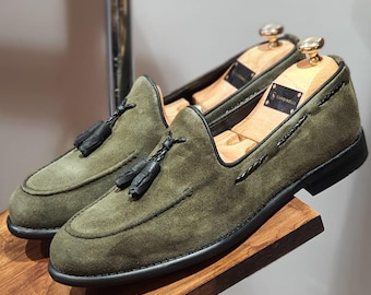 Khaki Green Suede Tassel Loafers - Men's Calfskin Slip-Ons