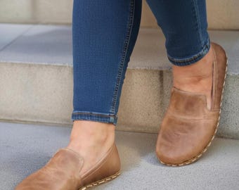 Handmade Light Brown Leather Barefoot Loafers: Women's Zero Drop Grounding Minimalist Shoes