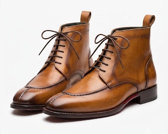 Men's Tan Moc-Toe Patina Ankle Boot | Calfskin Leather Shoes