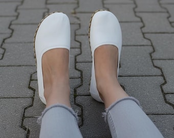 Handmade White Leather Ballet Flats: Barefoot Grounding Ballerina Shoes