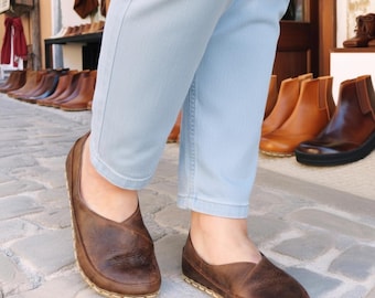 Handmade Coffee Brown Leather Barefoot Ballet Flats: Women's Zero Drop Earthing Shoes