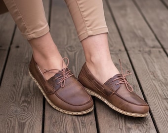 Handmade Leather Barefoot Boat Shoes: Women's Zero Drop Grounding Loafers