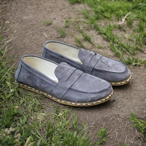 Handmade Nubuck Gray Barefoot Penny Loafers for Women, Barefoot Zero Drop Grounding Shoes, Gray Natural Leather Earthing Shoes