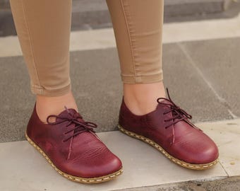 Handmade Burgundy Leather Barefoot Oxfords: Women's Zero Drop Lace Up Earthing Shoes