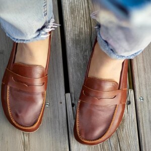 Handmade Classic Brown Barefoot Penny Loafers for Women, Zero Drop Grounding Shoes, Brown Natural Leather Earthing Shoes