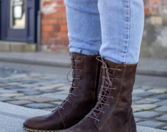 Handmade Dark Brown Barefoot Leather Boots For Men: Zero Drop Leather Earthing Shoes