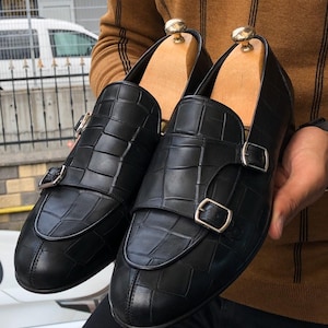 Black Croc Embossed Double Monk Strap Loafers