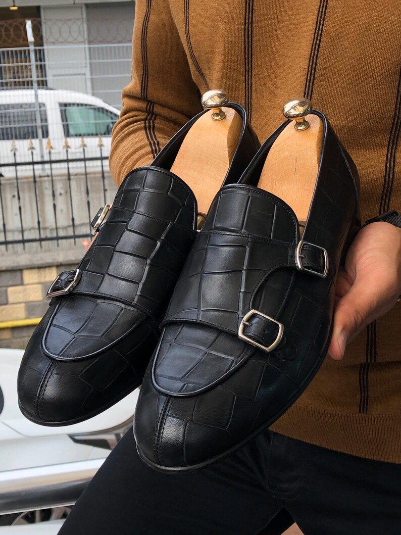 Black Croc Embossed Double Monk Strap Loafers