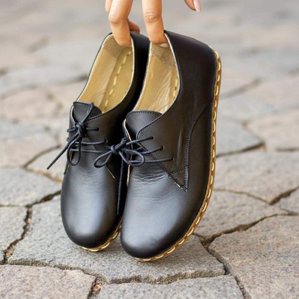 Handmade Women Barefoot Black Oxfords, Earthing Leather Zero Drop