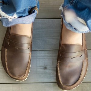 Handmade Coffee Brown Barefoot Penny Loafers for Women, Zero Drop Grounding Shoes, Coffee Brown Natural Leather Earthing Shoes
