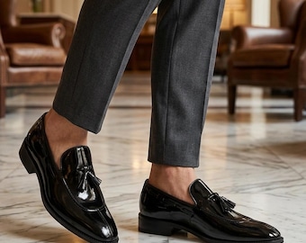 Men's Black Patent Leather Tassel Loafer | Mirror-Gloss Formal Slip-On