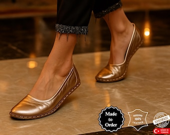 Handmade Gold Leather Ballet Flats: Barefoot Grounding Ballerina Shoes