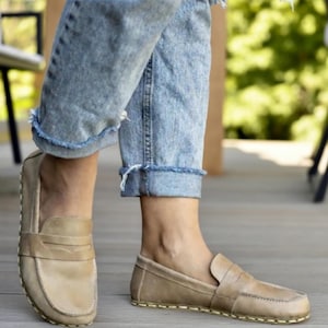 Handmade Beige Barefoot Penny Loafers for Women, Barefoot Zero Drop Grounding Shoes, Beige Natural Leather Earthing Shoes