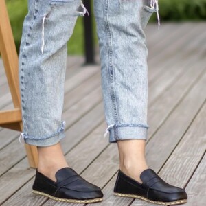 Handmade Black Barefoot Penny Loafers for Women, Barefoot Zero Drop Grounding Shoes, Black Natural Leather Earthing Shoes