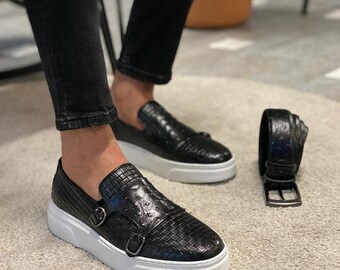 Woven Black Monk Strap Loafers | Sardinelli Smart Casual Shoes