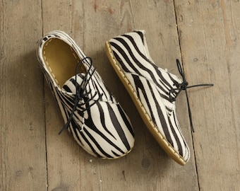 Handmade Zebra Print Leather Oxfords: Women's Barefoot Lace Up Dress Shoes