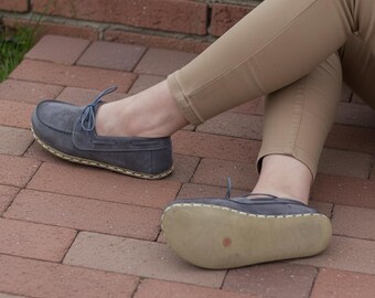 Handmade Nubuck Gray Barefoot Boat Shoes: Women's Leather Grounding Loafers