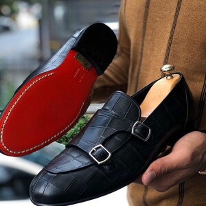 Black Croc Embossed Double Monk Strap Loafers