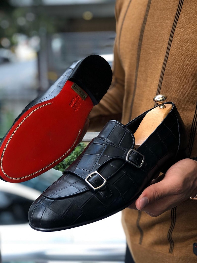Black Croc Embossed Double Monk Strap Loafers