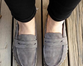 Handmade Nubuck Barefoot Penny Loafers: Women's Gray Leather Earthing Shoes