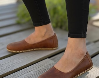 Handmade Brown Leather Ballet Flats: Barefoot Grounding Shoes