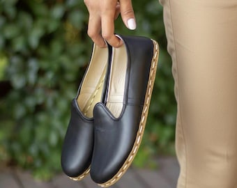 Handmade Black Leather Turkish Yemeni Shoes: Women's Barefoot Slip-Ons