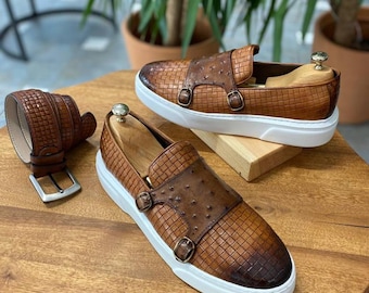Woven Tan Monk Strap Loafers | Sardinelli Smart Casual Shoes