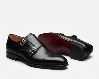 Handmade Leather Men's Black Double Monk-Strap Cap-Toe Shoes