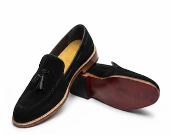 Handmade Leather Men's Black Suede Tassel Loafer - Leather Sole