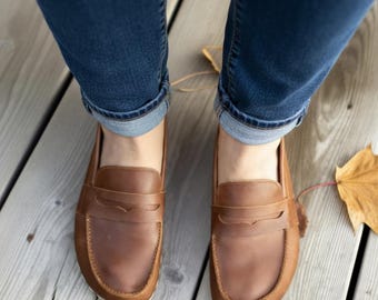 Handmade Brown Leather Barefoot Loafers: Women's Zero Drop Earthing Shoes