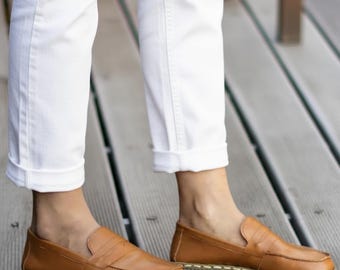 Handmade Mustard Brown Leather Barefoot Penny Loafers - Women's Earthing Shoes