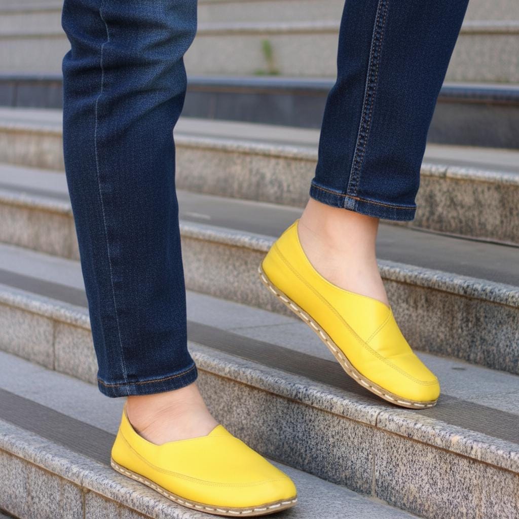 Handmade Yellow Leather Barefoot Flats: Women's Grounding Minimalist Shoes