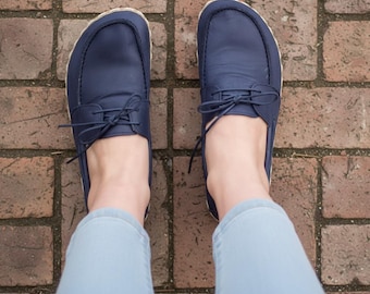 Handmade Navy Blue Leather Barefoot Boat Shoes: Women's Grounding Loafers