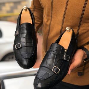 Black Croc Embossed Double Monk Strap Loafers