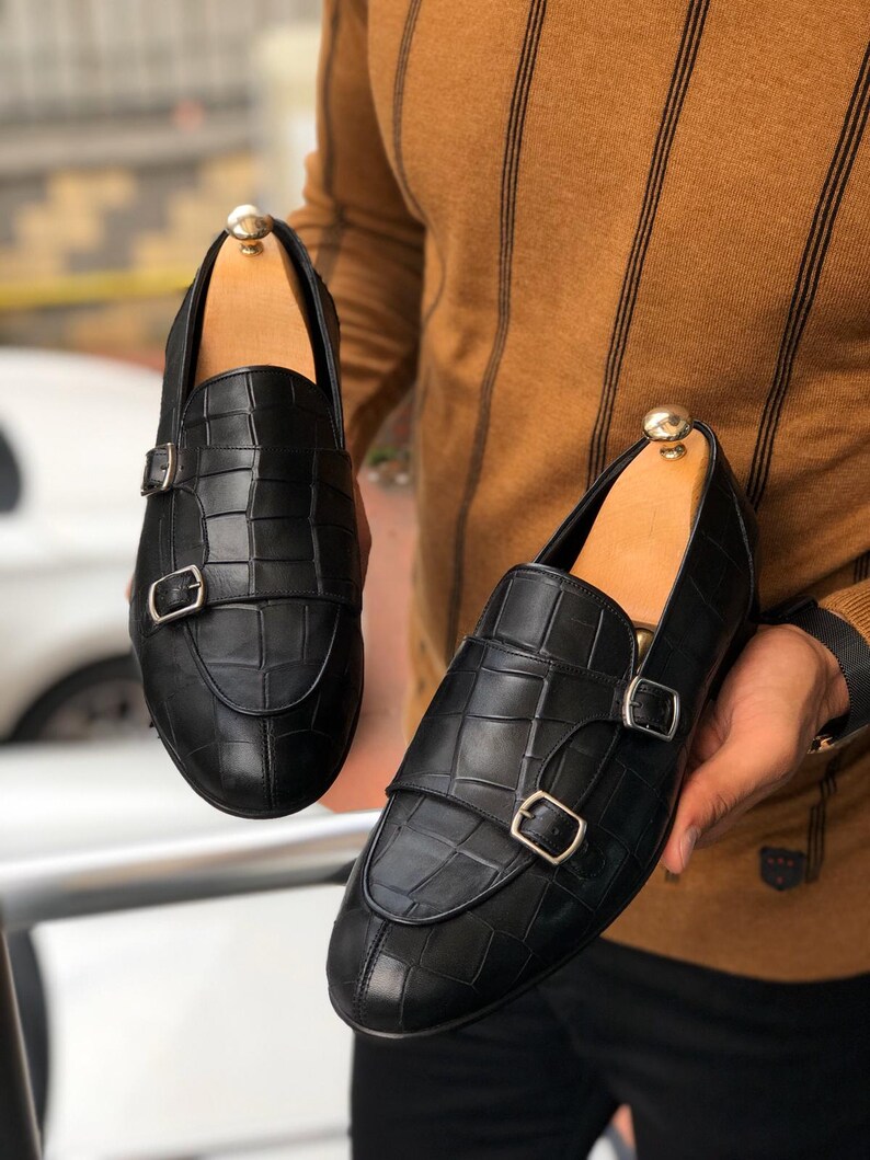 Black Croc Embossed Double Monk Strap Loafers