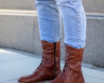 Handmade Tan Brown Leather Barefoot Boots for Men: Minimalist Lace-Up Grounding Shoes