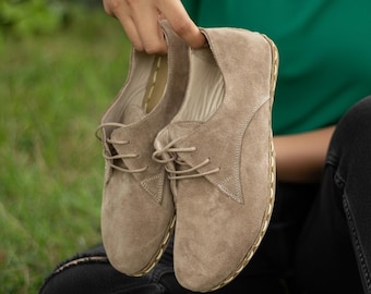 Handmade Suede Leather Light Brown Barefoot Oxfords: Women's Lace Up Grounding Shoes