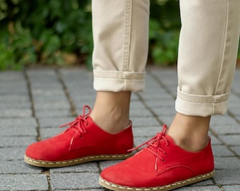 Oxford Barefoot Red Nubuck Leather Handmade Women Grounding Shoes