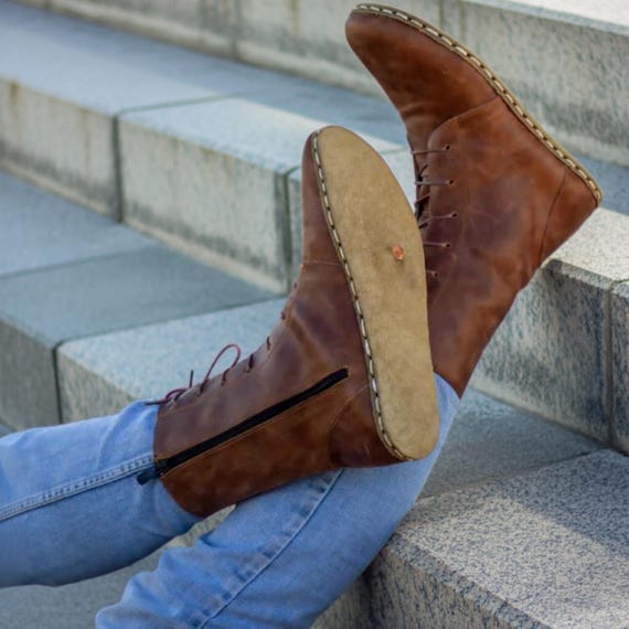 Handmade Brown Leather Barefoot Boots: Minimalist Lace-up Zero