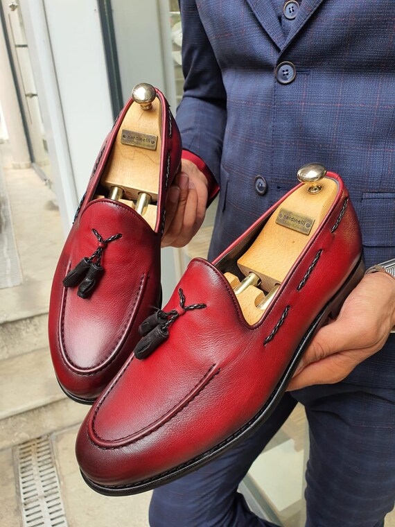 Sardinelli Palermo Men's Red Tassel Loafers – Leather Dress Shoes
