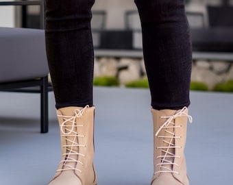 Handmade Beige Leather Barefoot Boots: Wide Toe, Zero Drop