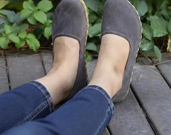 Handmade Gray Nubuck Leather Ballet Flats: Barefoot Grounding Shoes, Minimalist Ballet Pumps